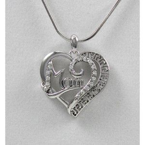 White Gold Plated Mom Heart Pendant Necklace White Crystals Mothers Day